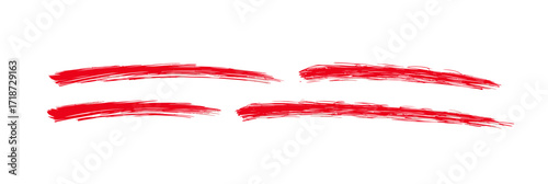 Four red textured brush stroke lines in flat minimalist style with crayon or paint marker effect on white background for underline or highlight emphasis design elements vector illustration