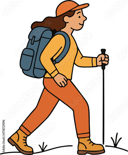 Hiker walking, trekking in nature. Tourists couple, tiny people travelers with backpacks hiking. Travel, adventure, sport orienteering, tourism, route concept. Flat vector illustration