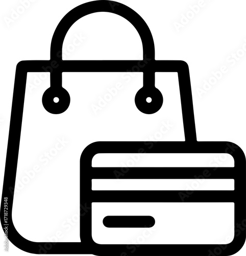 Shopping bag payment outline, credit card retail icon, e-commerce transaction interface, online purchase design, digital shopping symbol, payment app technology