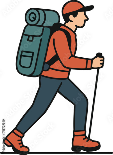 Hiker walking, trekking in nature. Tourists couple, tiny people travelers with backpacks hiking. Travel, adventure, sport orienteering, tourism, route concept. Flat vector illustration