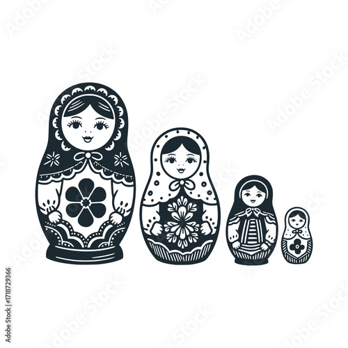 Russian dolls of Matryoshka. Black white hand drawn vector illustration.