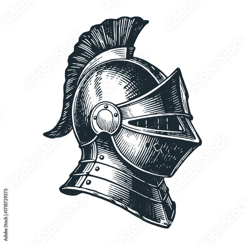 Vintage medieval great helm, bascinet. Black white hand drawn vector illustration.