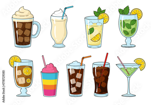 Drinks of varying types in different glasses