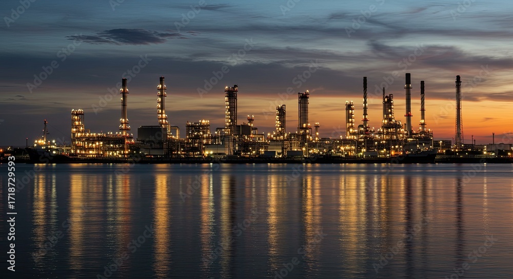 Fototapeta premium Dramatic refinery lights reflecting on water at twilight creating an industrial scene with energy production against a colorful sky making a dynamic impact for commercial use