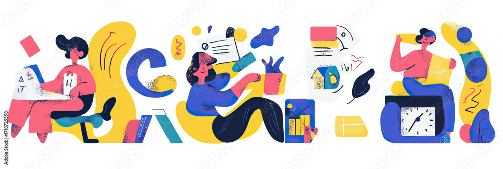 Fototapeta premium Time management productivity concept with diverse people using calendars clocks planners and reminders in flat minimalist vector style