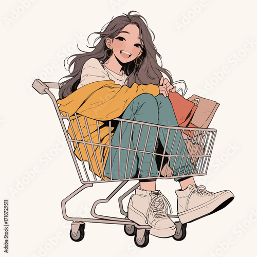 A cheerful young woman with long hair sits in a shopping cart, surrounded by bags. She wears a bright sweater and jeans, showcasing a playful shopping moment.