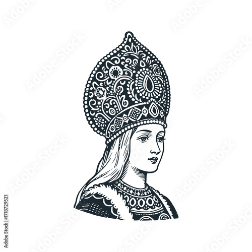 A women with a Kokoshnik – Black and White Icon Vector and Illustration	