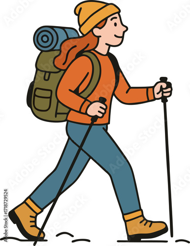 Hiker walking, trekking in nature. Tourists couple, tiny people travelers with backpacks hiking. Travel, adventure, sport orienteering, tourism, route concept. Flat vector illustration