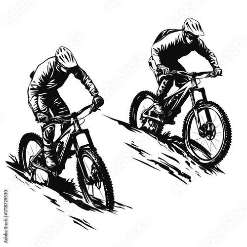 Black and white vector illustration of two mountain bikers descending rough terrain wearing helmets and backpacks in dynamic action pose minimal flat style