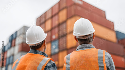 Two workers in safety gear inspecting stacked shipping containers