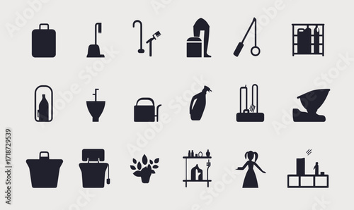 Cleaning service icons set including vacuum cleaner mop bucket spray bottle detergent laundry basket shelf and maid flat minimalist vector pictogram collection