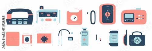 Collection of portable medical and health monitoring devices including blood pressure monitor, glucometer, insulin pen, pulse oximeter, thermometer, and first aid kit in flat minimalist vector style