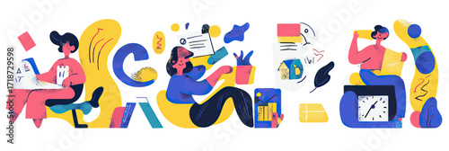Time management productivity concept with diverse people using calendars clocks planners and reminders in flat minimalist vector style