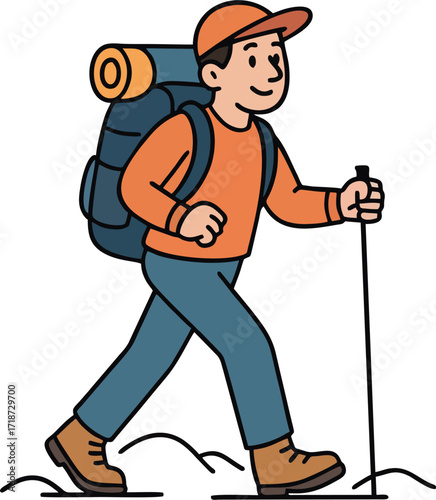 Hiker walking, trekking in nature. Tourists couple, tiny people travelers with backpacks hiking. Travel, adventure, sport orienteering, tourism, route concept. Flat vector illustration