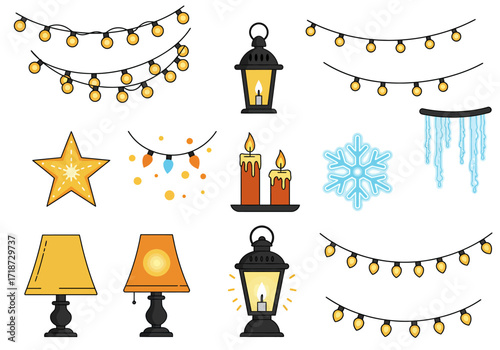 Festive icons lights lanterns candles star snowflake icicles lamps cheerful design