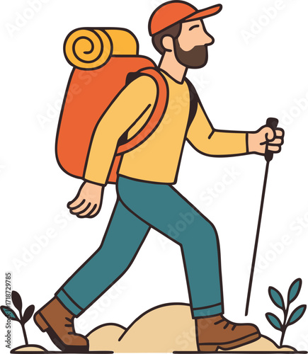 Hiker walking, trekking in nature. Tourists couple, tiny people travelers with backpacks hiking. Travel, adventure, sport orienteering, tourism, route concept. Flat vector illustration