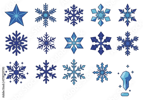 Fifteen blue objects including a star snowflakes and an icicle arranged on a white background