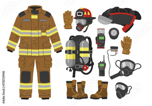 Firefighters gear turnout suit SCBA masks helmets gloves boots radios