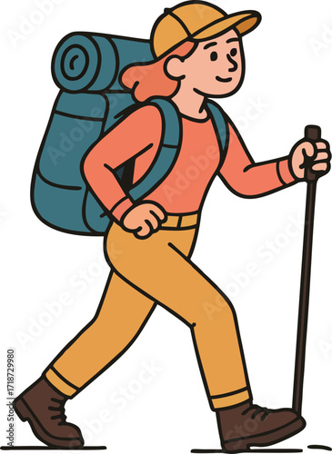 Hiker walking, trekking in nature. Tourists couple, tiny people travelers with backpacks hiking. Travel, adventure, sport orienteering, tourism, route concept. Flat vector illustration