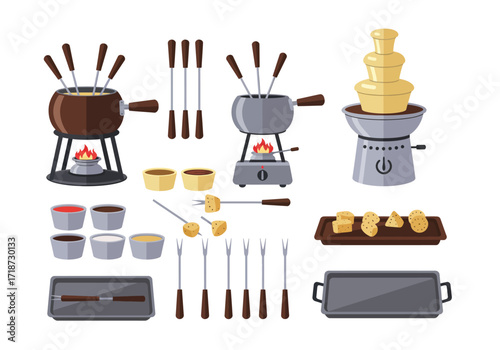 Fondue set with pots skewers bread trays bowls and a chocolate fountain