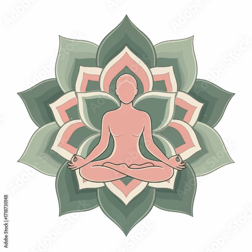 Meditating figure in lotus position with floral background for spiritual practice.
