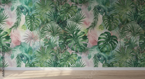 Watercolor Tropical Leaves Wallpaper with Wooden Floor.
