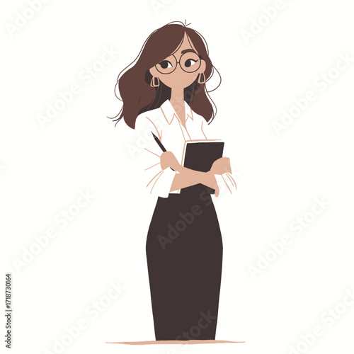 A woman stands confidently, wearing a stylish white blouse and black skirt. She holds a notebook in one arm while thoughtfully holding a pen in her other hand.