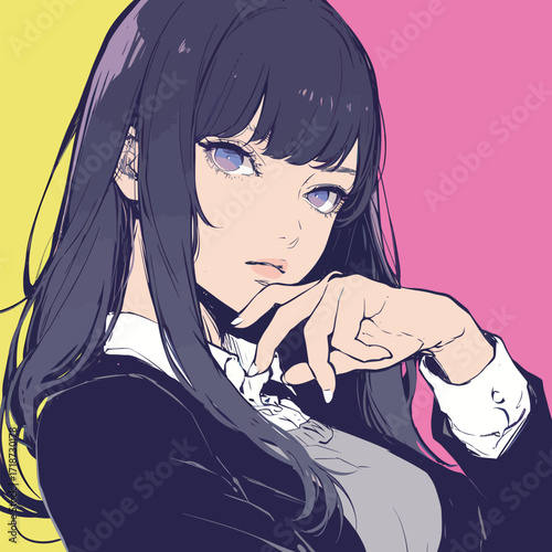 A young woman with long dark hair and striking blue eyes poses thoughtfully. She wears a fashionable outfit and the colorful background enhances her stylish look.