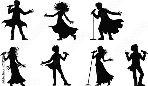Silhouettes of male and female singers performing on stage with microphone, music concert illustration, vocal artist, dancing, stage show, entertainment