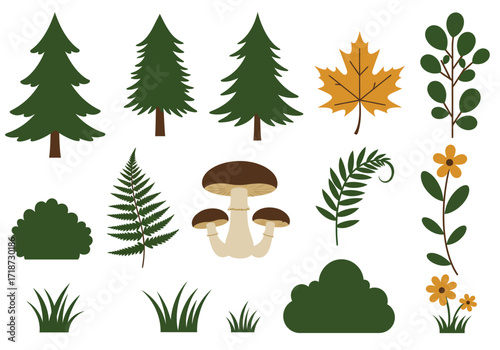 Forest icons fir trees mushroom cluster autumn leaf fern bushes flower stems and grass tufts