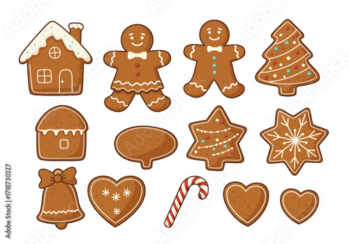 Gingerbread cookies of various shapes houses stars people heart candy cane tree speech bubble and bell