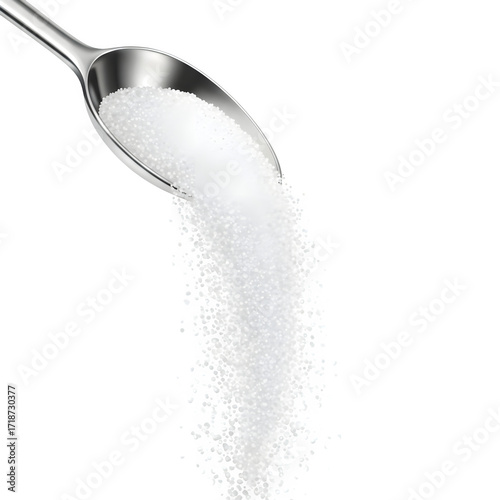 Granulated sugar falling from metal spoon scoop, close-up food ingredient concept. Isolated on white or transparent background. PNG format.