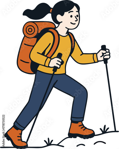 Hiker walking, trekking in nature. Tourists couple, tiny people travelers with backpacks hiking. Travel, adventure, sport orienteering, tourism, route concept. Flat vector illustration