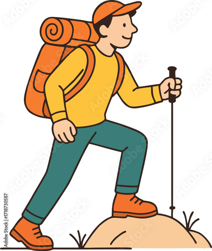 Hiker walking, trekking in nature. Tourists couple, tiny people travelers with backpacks hiking. Travel, adventure, sport orienteering, tourism, route concept. Flat vector illustration