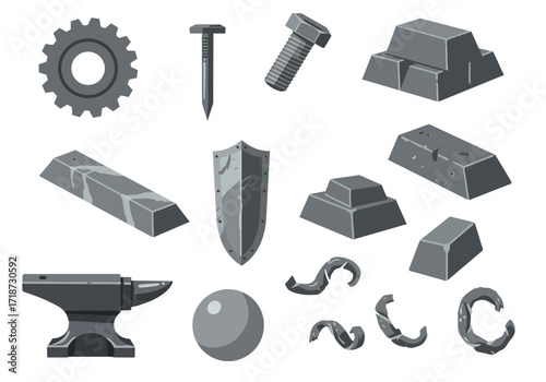 Gray pixel art showing blacksmith tools anvil ingot hammer gear nails shield scraps