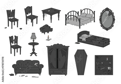 Grayscale cartoonstyled room furniture decaying chairs beds tables a sofa coffin and a mirror