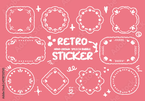 Set of hand-drawn pink color style speech bubbles Cute memo with text blank. Collection of doodle lettering speech box. Colorful dialog frame in flat design for short message. Sticker for chat retro