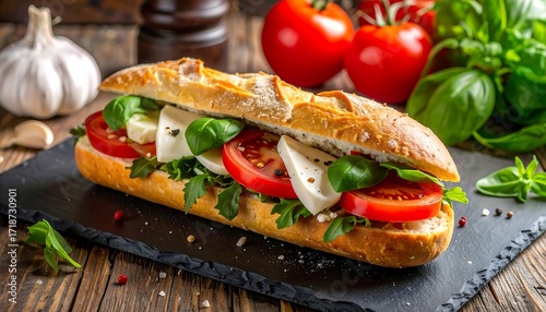 Delicious Italian sandwich on a dark slate plate