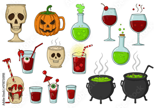 Halloween drinks skull cup pumpkin mug bubbling potions bloody cocktails smoking cauldrons on white