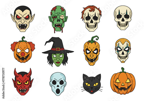 Halloween icons vampire zombie skulls pumpkins witch devil ghost  cat