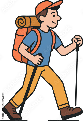 Hiker walking, trekking in nature. Tourists couple, tiny people travelers with backpacks hiking. Travel, adventure, sport orienteering, tourism, route concept. Flat vector illustration