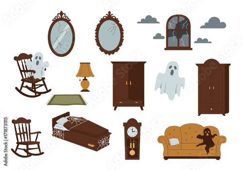 Haunted room with furniture ghosts and spooky decor