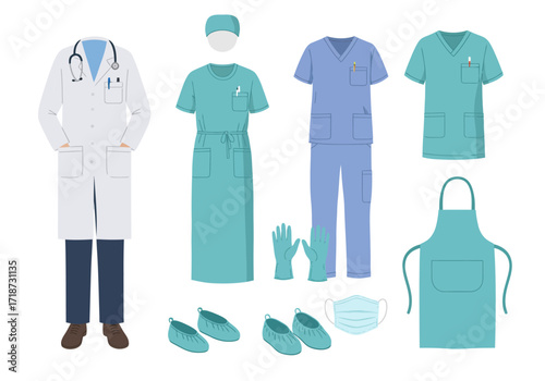 Healthcare attire lab coat scrubs apron mask gloves  slipons displayed on white