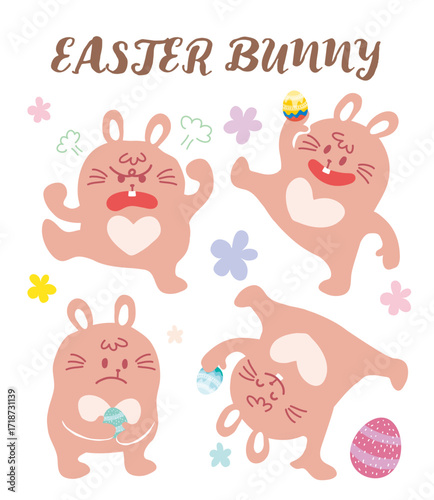 Set of Easter bunny character with variety pose flat vector. Hand drawn style cute furry pink color rabbits hold painting egg. Cartoon hare do exercise collection. Happy Easter Day Funny doodle animal