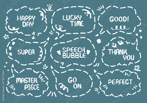 Comic style cute quote colorful speech bubble with positive words. Set of hand drawn memo frame. Cartoon doodle crayon drawing cloud, box, message. Flat vector. Super Good Luck Happy Day Masterpiece 
