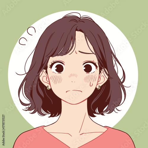 A young woman displays a worried expression, her eyes wide and mouth slightly open, indicating anxiety or concern. The background features a gentle green hue.