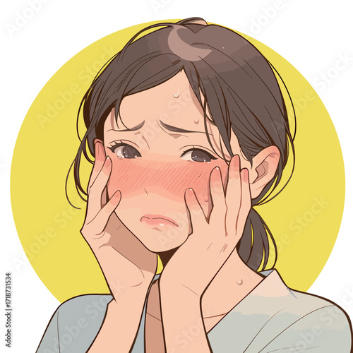 A young woman displays a worried expression, blushing and sweating, with her hands on her face. The bright yellow background emphasizes her feelings of anxiety.