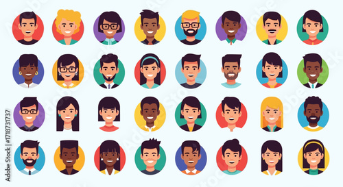 Flat Diverse Cartoon People Avatar Icon Set in Circular Frames