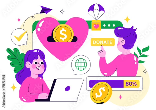 Online Fundraising Illustration Featuring a Fundraiser with a Heart to Symbolize Support and Humanitarian Assistance, Donation, and Helping Others