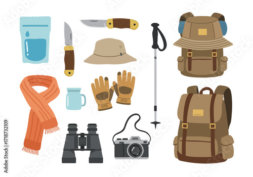 Hiking gear Backpack hat camera knife scarf binoculars canteen walking stick gloves and water bag